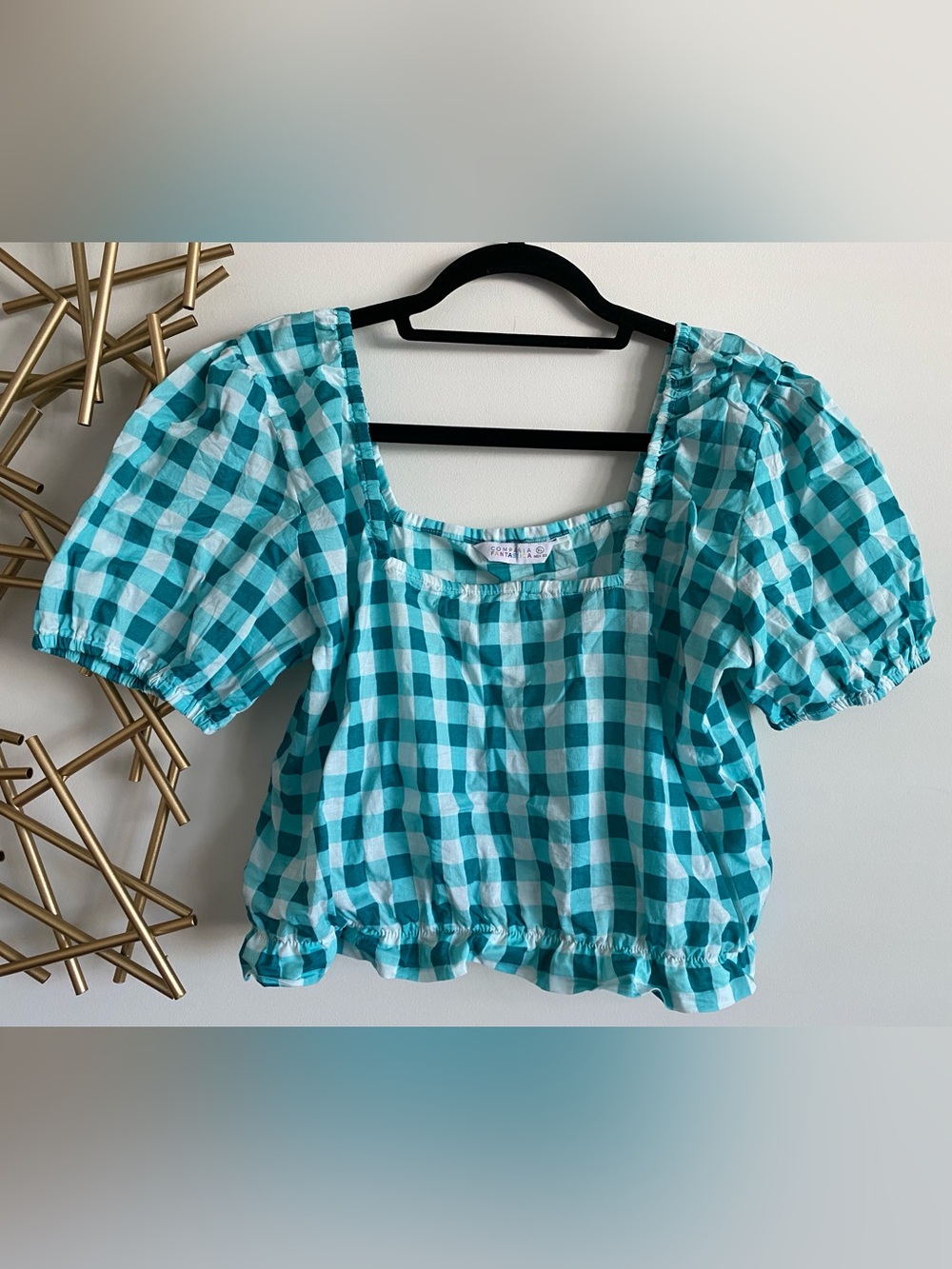 Compania Fantastica Teal White Gingham Crop Ruffle Hem Bubble Sleeve Baby Tee XL